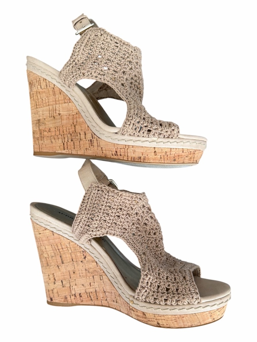 Audrey Brooke Tan Crochet Cork Platform Wedge Sandals Strappy Open Toe 8